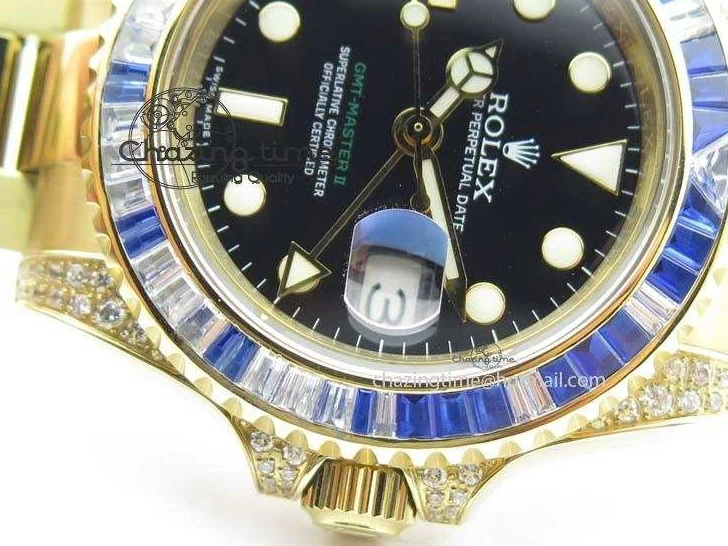 0414 GMT-Master II 116759 YG Bp-Maker Blue Ruby Crystal Bezel Black Dial On YG Bracelet A NewStyle 3775